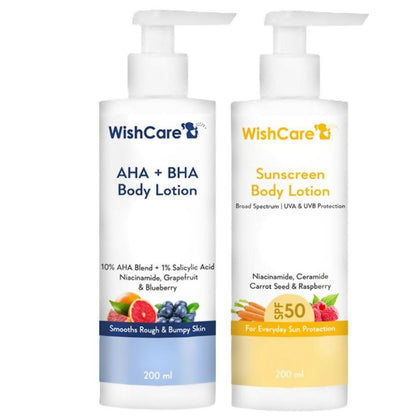Wishcare Detan Combo Sunscreen SPF 50 and body lotion with AHA and BHA, featuring pump packaging and smooth lotion texture.
