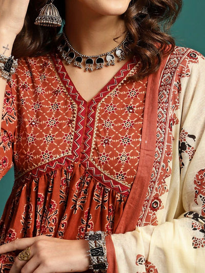 Indyancart SN Women's Floral Printed Gotta Patti Pure Cotton Anarkali Kurta With Trousers & Dupatta