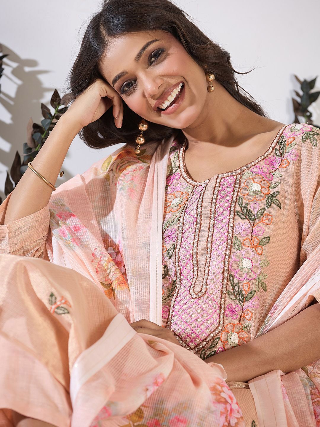Floral Embroidered Thread Work Pure Cotton Kurta with Trouser & Dupatta