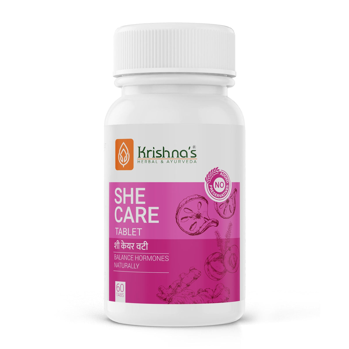 Krishna's Herbal & Ayurveda She Care Tablets bottle with label showing Ayurvedic tablets for women's health.