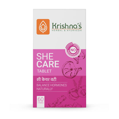 Krishna's Herbal & Ayurveda She Care Tablets in a bottle, showing the herbal Ayurvedic supplement for women's health.