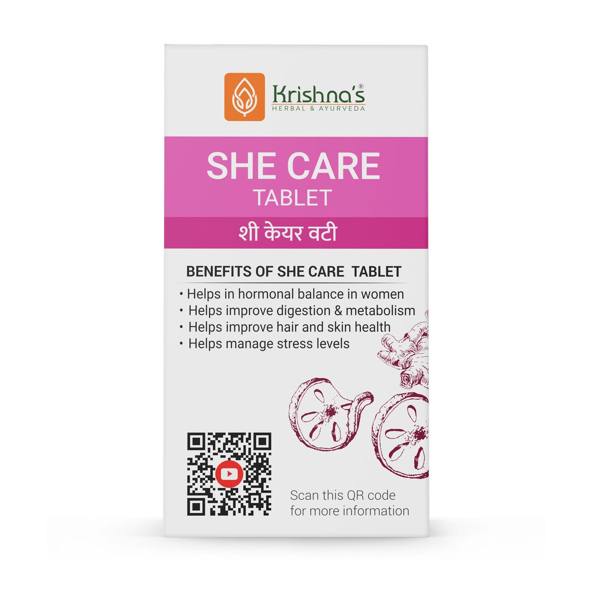 Krishna's Herbal & Ayurveda She Care Tablets in a blister pack showing the Ayurvedic tablets for overall feminine health
