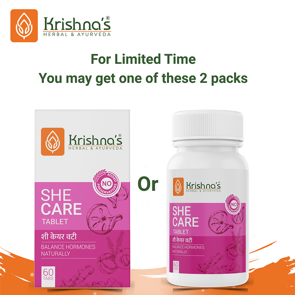 Krishna's Herbal & Ayurveda She Care Ayurvedic Tablets bottle with label and tablets inside on a white background.