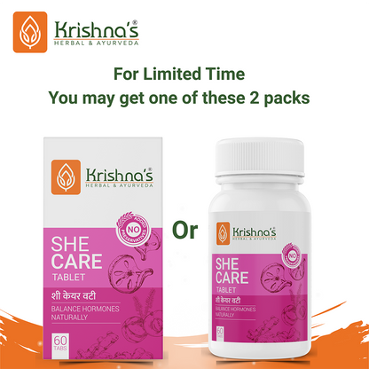 Krishna's Herbal & Ayurveda She Care Ayurvedic Tablets bottle with label and tablets inside on a white background.