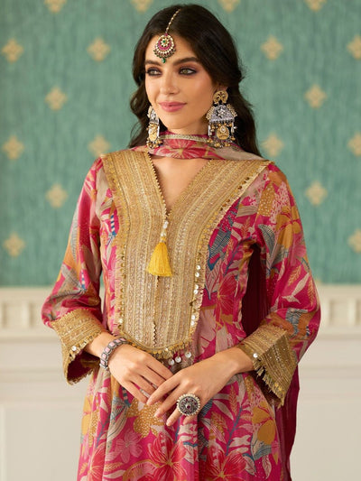 Indyancart IE Floral Printed V-Neck Zari Anarkali Kurta & Trousers With Dupatta