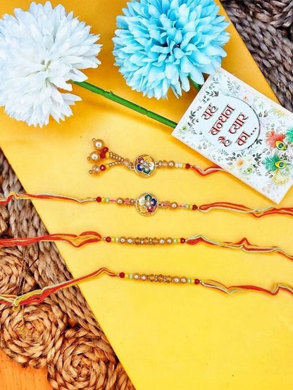 Anouk Set Of 4 Artificial Beads Family Pack Thread Rakhi With Roli Chawal Chandan Mishri