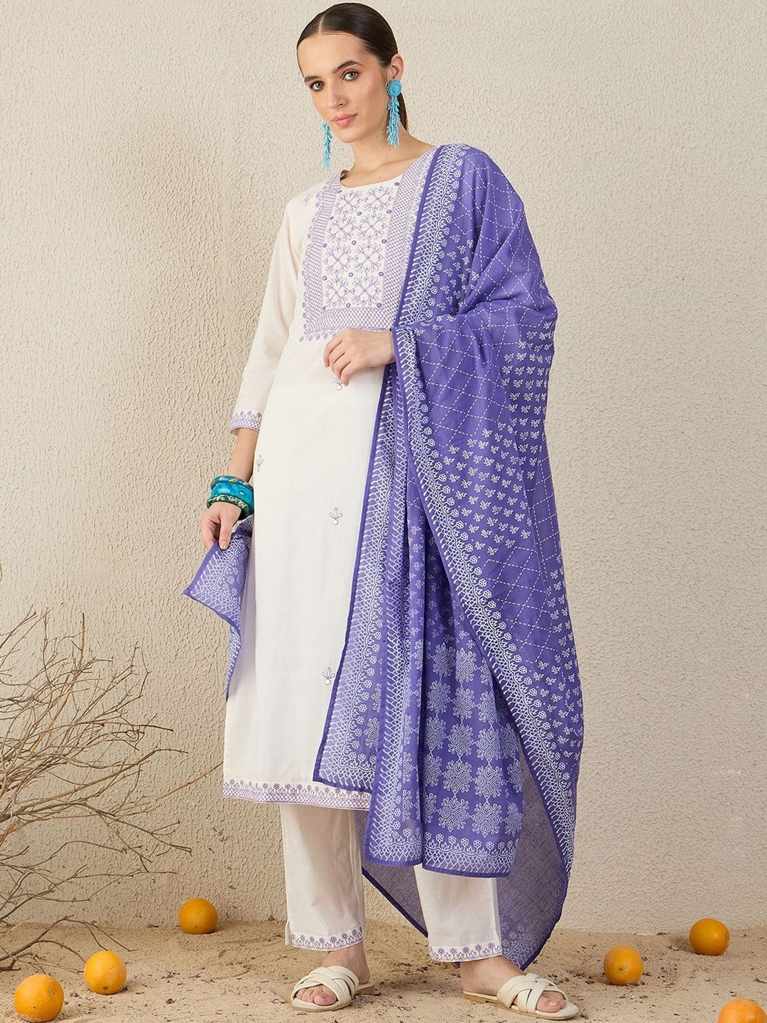 Ethnic Motifs Embroidered Thread Work Pure Cotton Kurta With Trousers & Dupatta