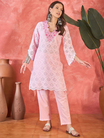 Indyancart SN Women's Chikankari Embroidered 100% Cotton Kurta With Trousers