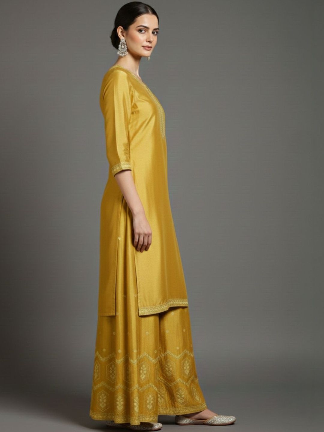 Indyancart VA Women Ethnic Motifs Embroidered Regular Thread Work Silk Crepe Kurta with Palazzos & With Dupatta