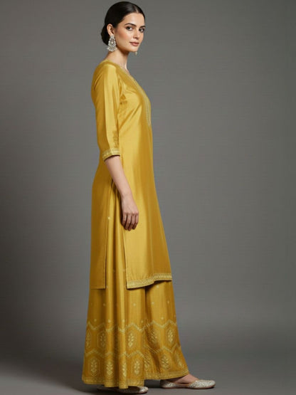 Indyancart VA Women Ethnic Motifs Embroidered Regular Thread Work Silk Crepe Kurta with Palazzos & With Dupatta