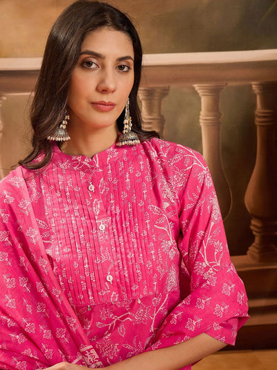 Indyancart SN Women's Floral Printed Mandarin Collar Pure Cotton Straight Kurta With Trouser And Dupatta