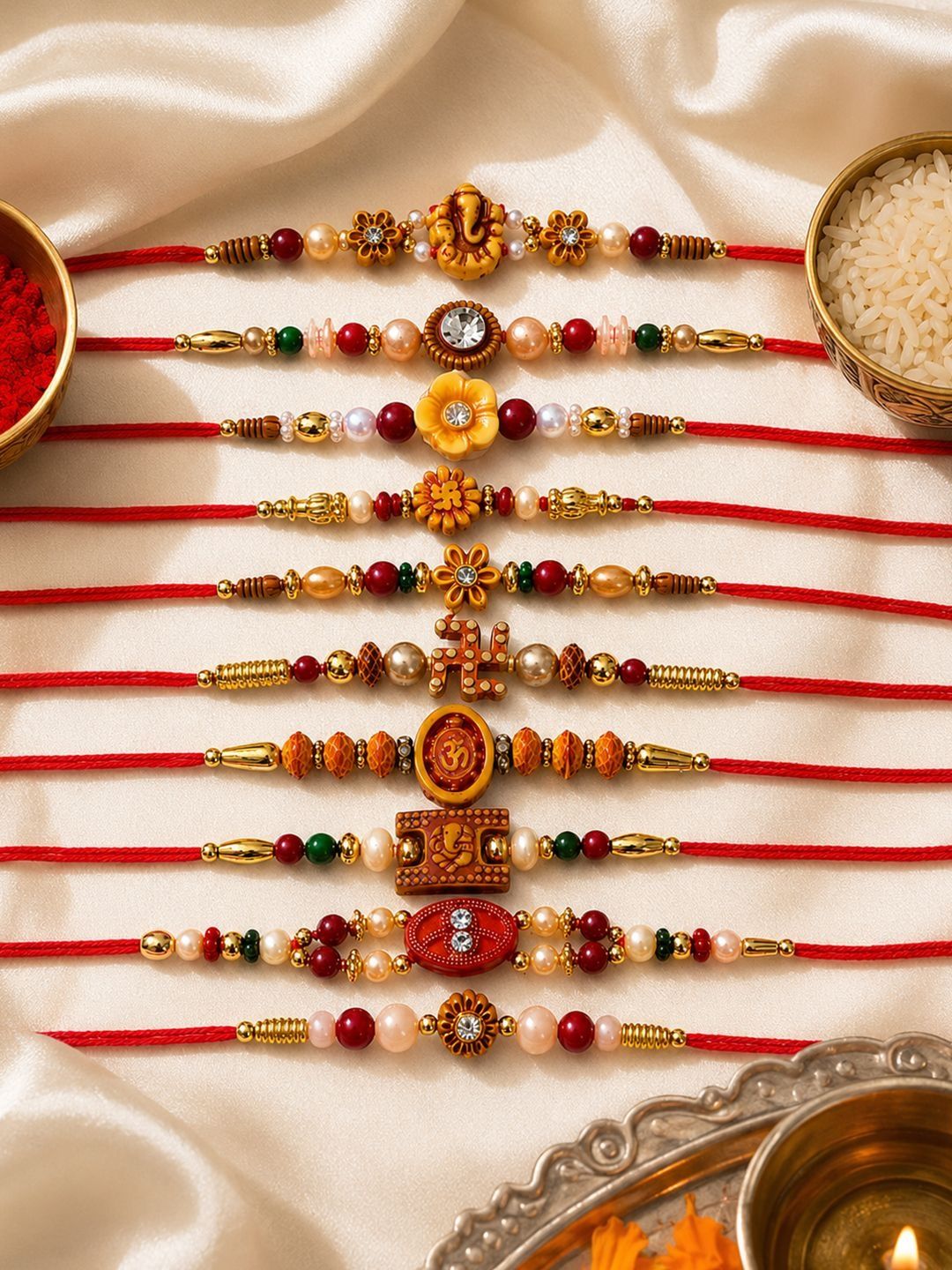 Anouk Set Of 10 Artificial Stones & Beads Thread Rakhi With Roli Chawal Chandan Mishri