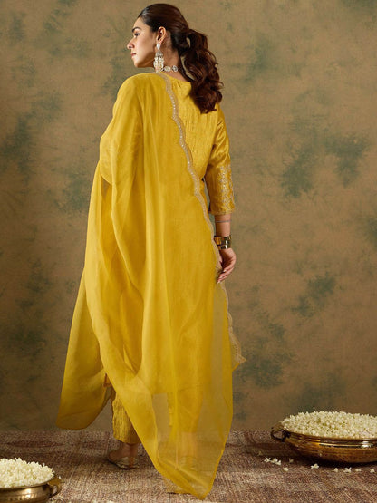 Ethnic Motifs Embroidered Regular Straight Kurta with Trousers & Dupatta