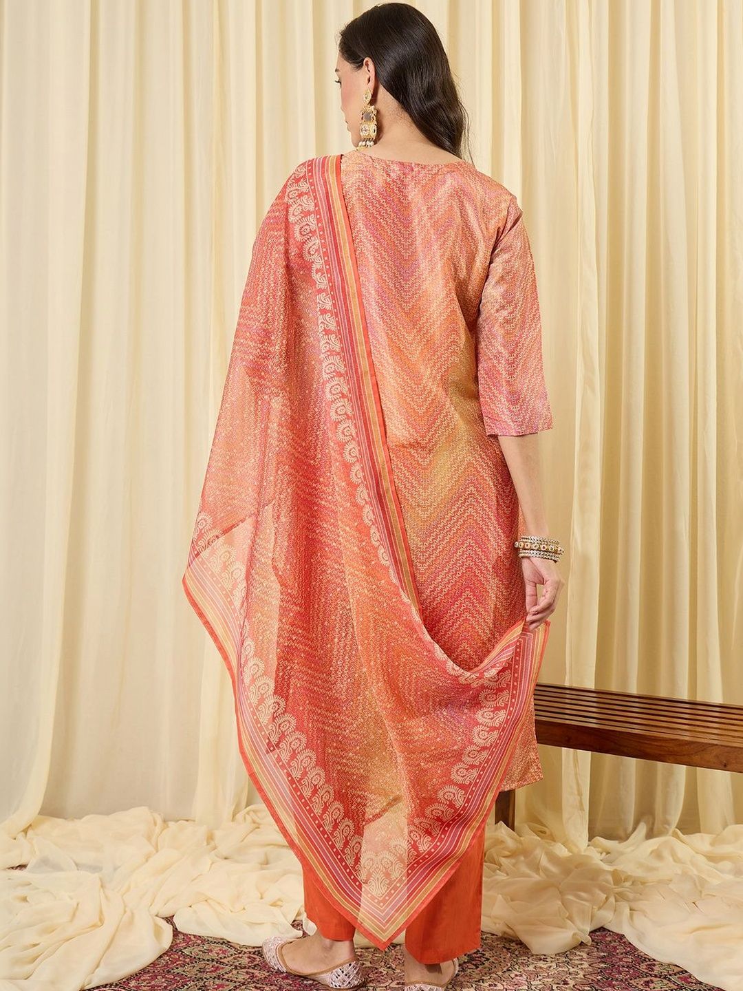 Women Printed Regular Thread Work Kurta with Trousers & With Dupatta