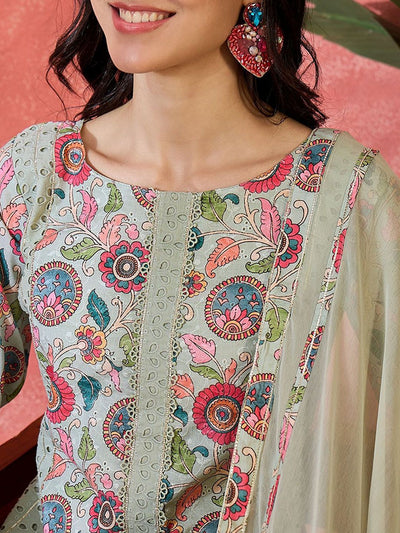 Indyancart SN Women's Floral Printed schiffl Embroidered Straight Kurta With Trouser & Dupatta