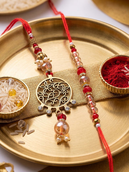 Anouk Set Of 2 Gold Toned Artificial Stones & Beads Bhaiya Bhabhi Rakhi With Roli Chawal