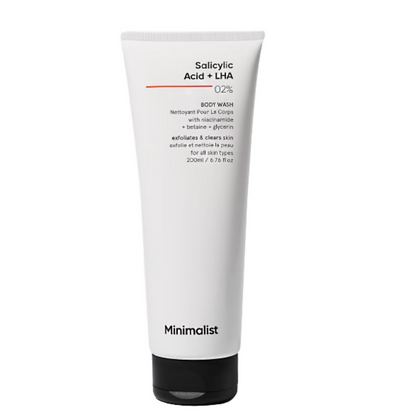 Minimalist Salicylic Acid + LHA 2% Body Wash bottle with pump dispenser, clear label, and minimalist design.