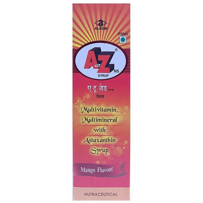 Alkem A to Z NS Mango Flavor Ayurvedic syrup in a clear bottle with a bright label, designed for wellness and natural health.