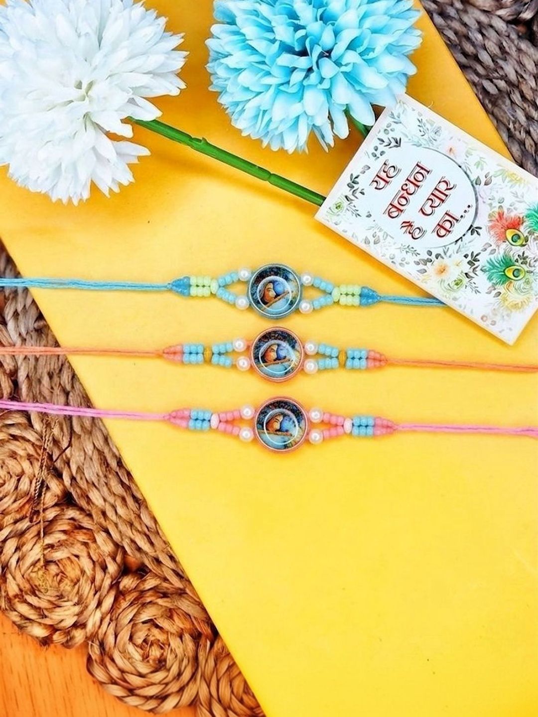 Anouk Set Of 3 Radha Krishna Thread Rakhi With Roli Chawal Chandan Mishri