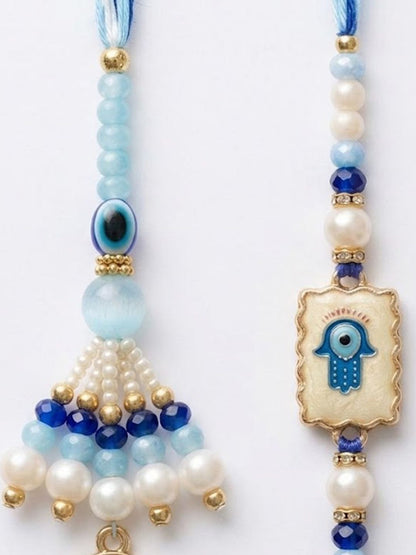 Anouk Set Of 2 Evil Eye Hand Design Bhaiya Bhabhi Rakhi With Roli Chawal Chandan Mishri
