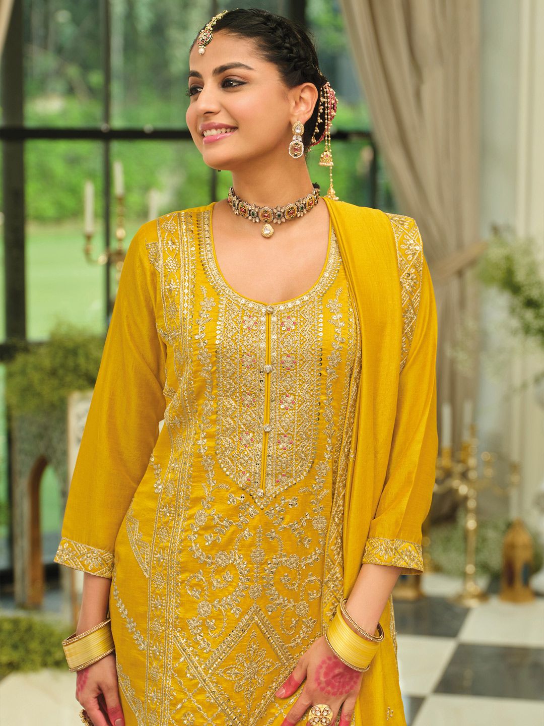 Ethnic Motifs Embroidered Round Neck Straight Kurta With Trousers & Dupatta