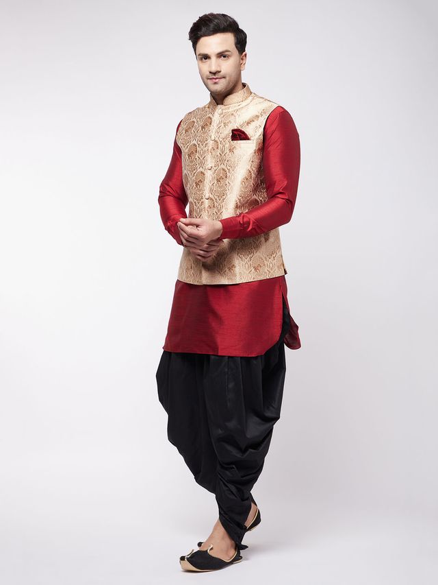 Men's Maroon Silk Blend Straight Jacket  Kurta and Dhoti Set