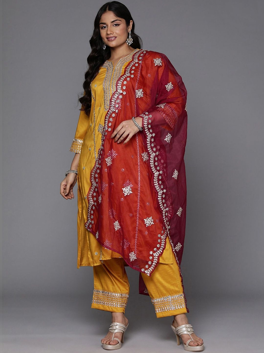 Indyancart Women's Ethnic Motifs Embroidered Regular Kurta with Trousers & With Dupatta