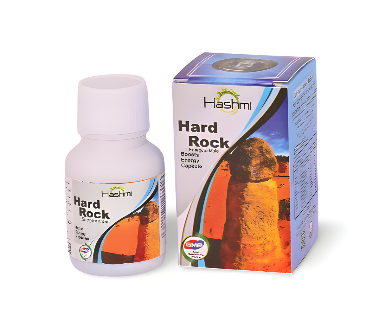 Hashmi Unani Hard Rock Capsules with Ashwagandha, Safed Musli, Gokshur, and Gheekwar, in a natural supplement capsule container.