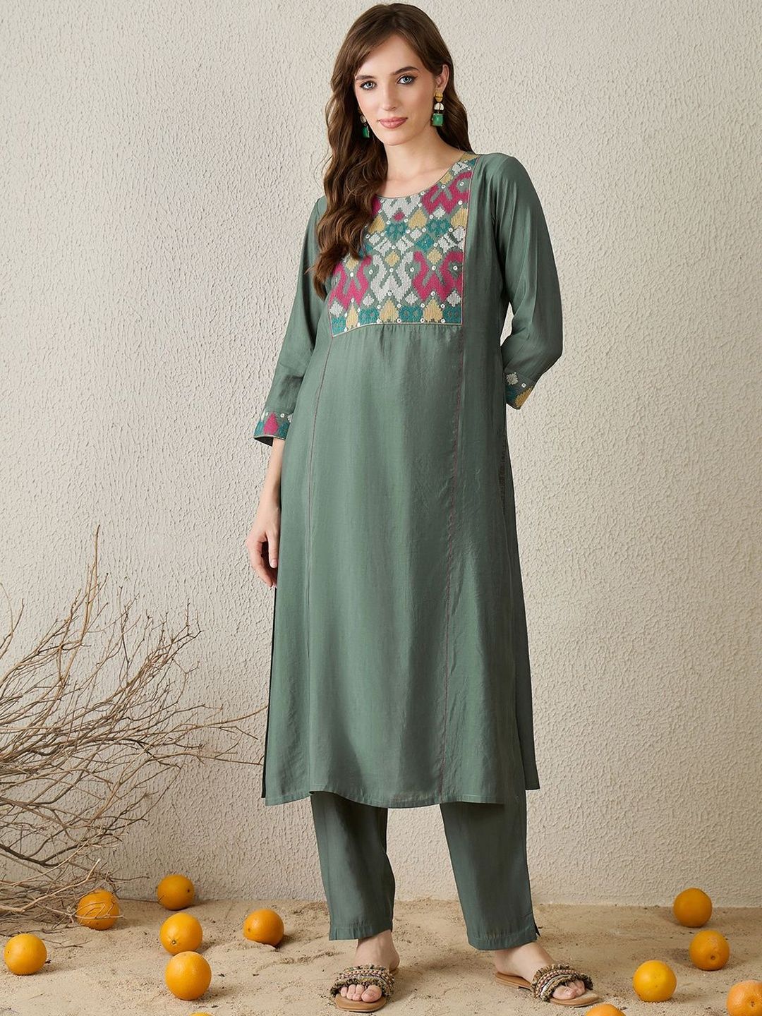Women Embroidered Regular Thread Work Kurta with Trousers