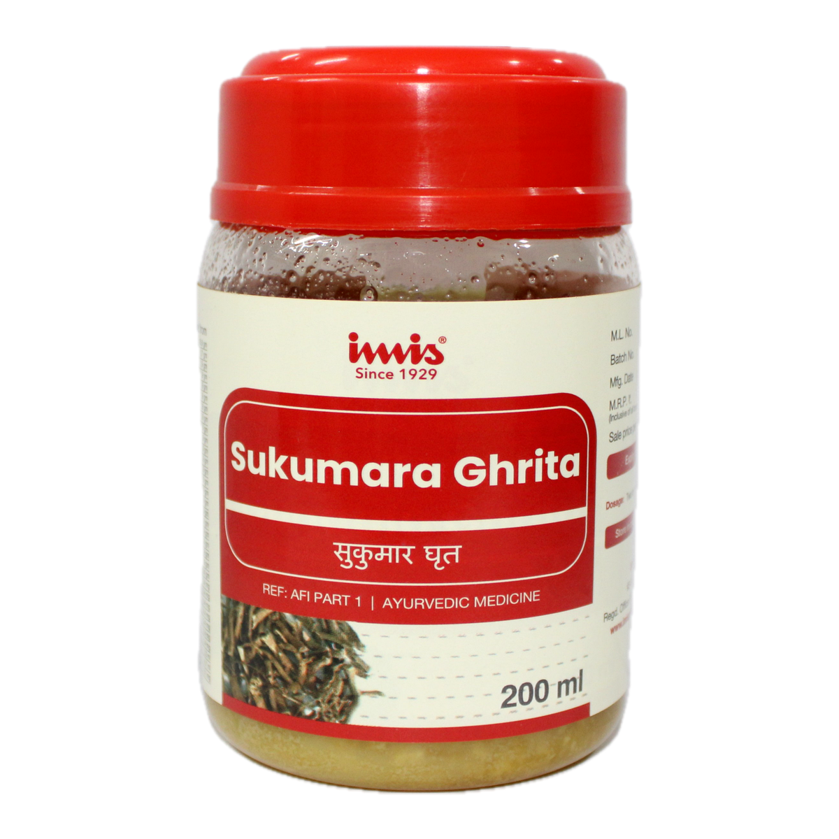 IMIS Ayurveda Sukumara Ghrita in 200ml bottle, traditional Ayurvedic syrup with herbal ingredients for health and wellness.