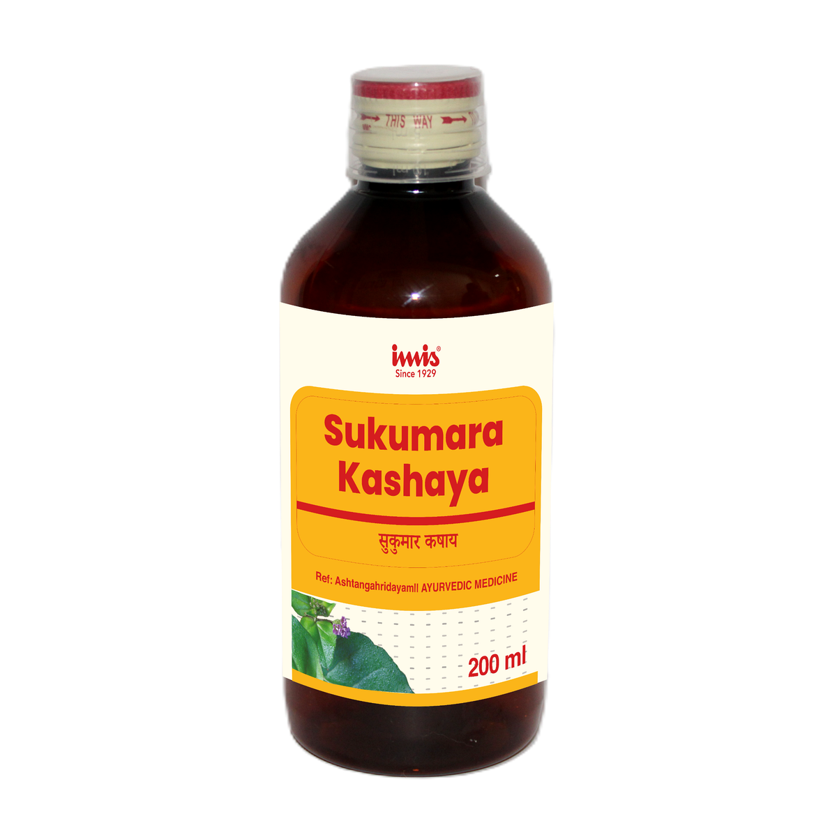 IMIS Ayurveda Sukumara Kashaya Ayurvedic syrup bottle with label in a 200ml size showcasing the herbal product.