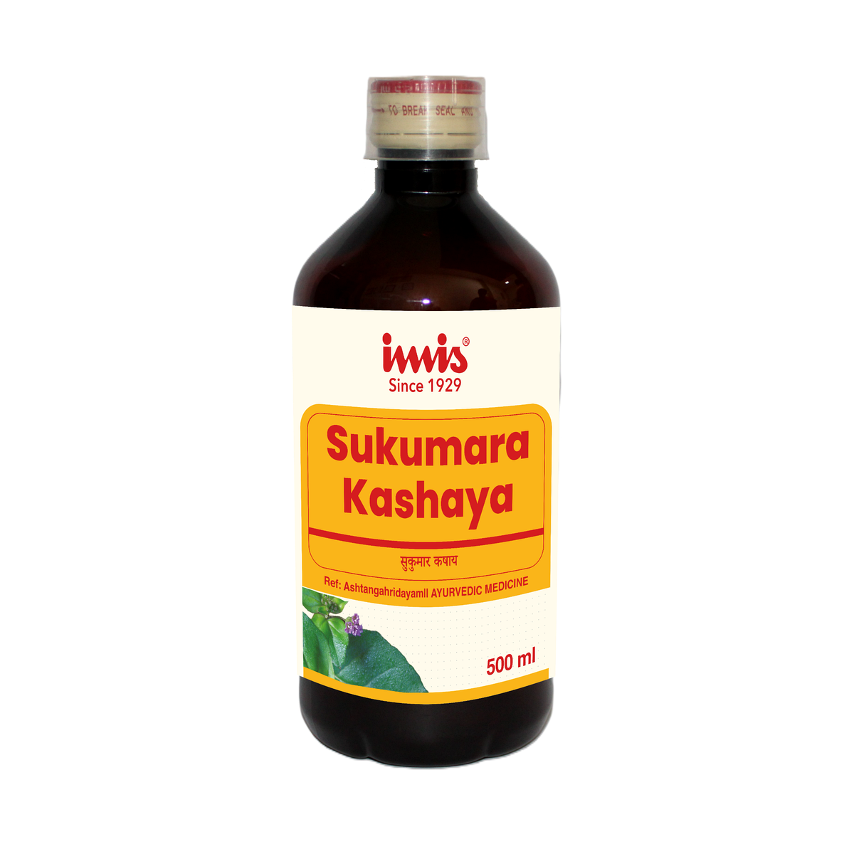 Bottle of IMIS Ayurveda Sukumara Kashaya Ayurvedic syrup in 500ml bottle with label showing traditional design and branding.