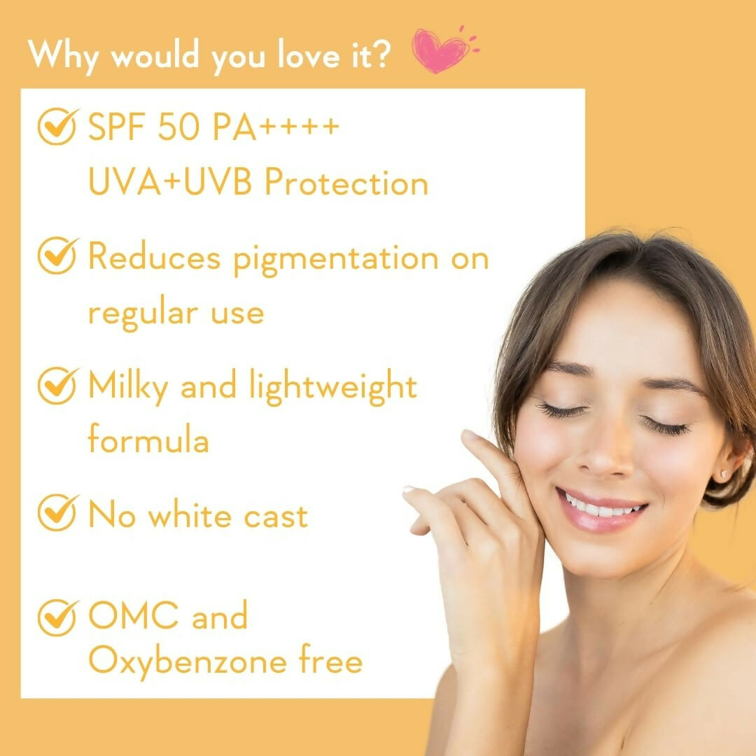 Wishcare Vitamin C Pure Glow Milk Sunscreen SPF 50 bottle with white pump dispenser and label, designed for sun protection and skin glow.