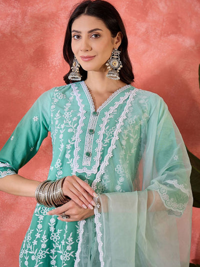 Indyancart SN Women's Floral Embroidered Cotton Kurta with Trousers & Dupatta