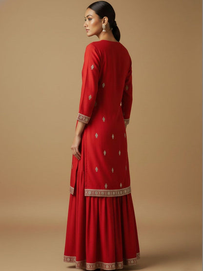 Indyancart VA Women Ethnic Motifs Embroidered Regular Kurta with Sharara & With Dupatta
