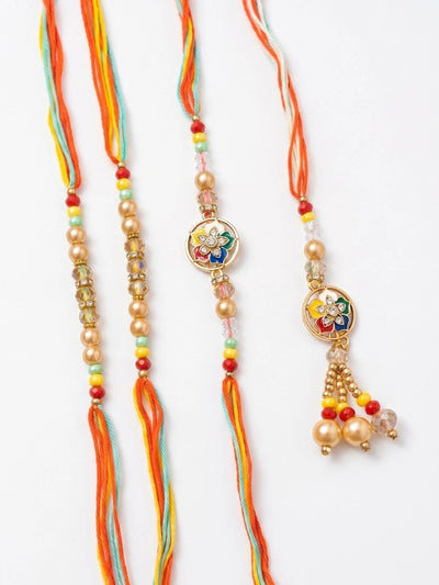 Indyancart Set Of 4 Artificial Beads Family Pack Thread Rakhi With Roli Chawal Chandan Mishri