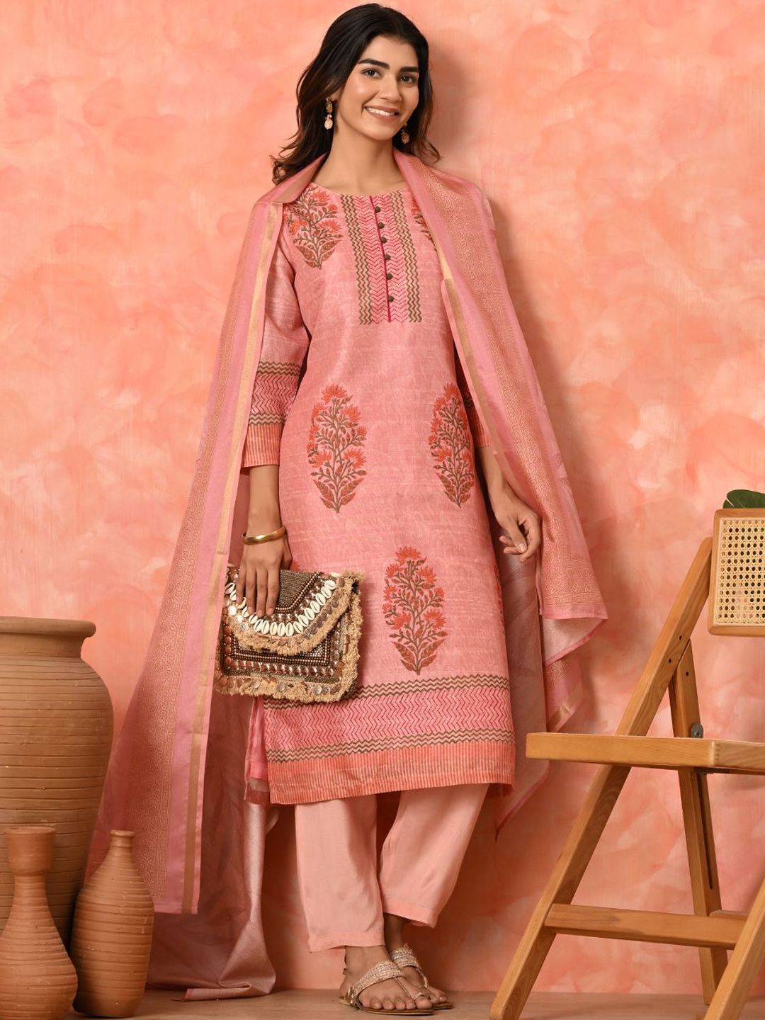 Indyancart SN Women's Floral Printed Kurta with Trousers & Dupatta