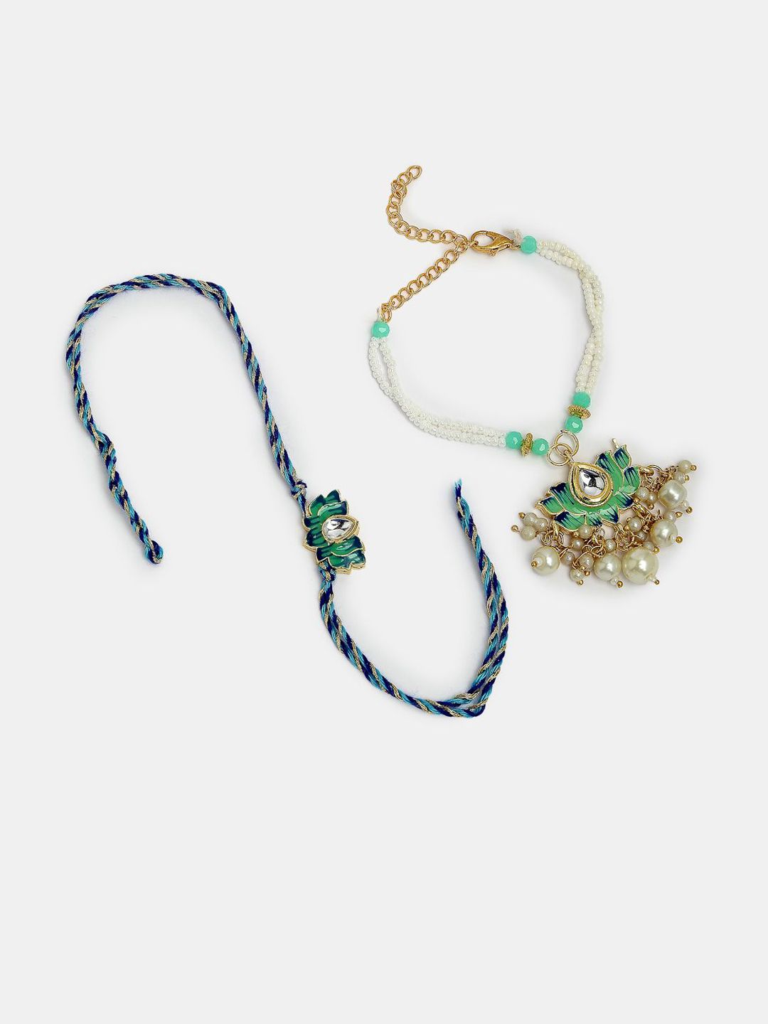 Anouk Unisex Set Of 2 Turquoise Blue Lotus Shape Kundan-Studded Handcrafted Rakhi Set