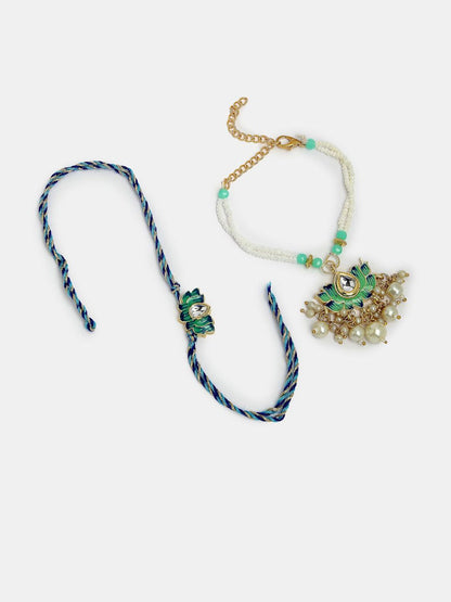 Anouk Unisex Set Of 2 Turquoise Blue Lotus Shape Kundan-Studded Handcrafted Rakhi Set