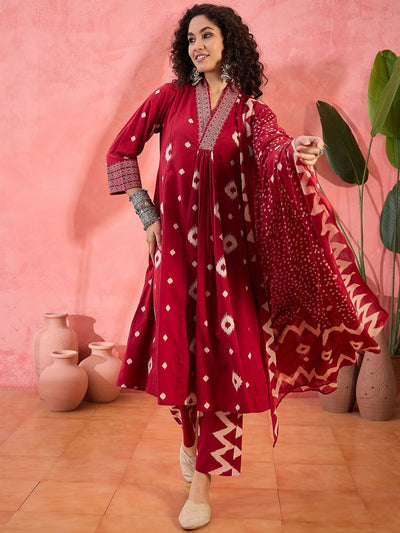 Indyancart SN Women's Geometric Printed V-Neck Pleated Pure Cotton A-Line Kurta With Trouser And Dupatta