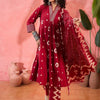 Dhiyona SN Women's Geometric Printed V-Neck Pleated Pure Cotton A-Line Kurta With Trouser And Dupatta