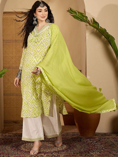 Indyancart SN Women's Geometric Printed Pure Cotton Kurta with Palazzo & Dupatta