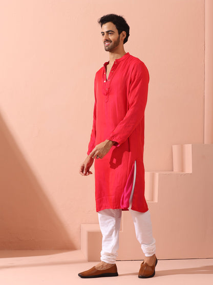 Indyancart ST Reversible Romance and Charm Red Pink Satin Kurta With Snaps
