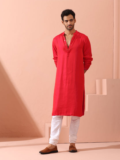 Indyancart ST Reversible Romance and Charm Red Pink Satin Kurta With Snaps