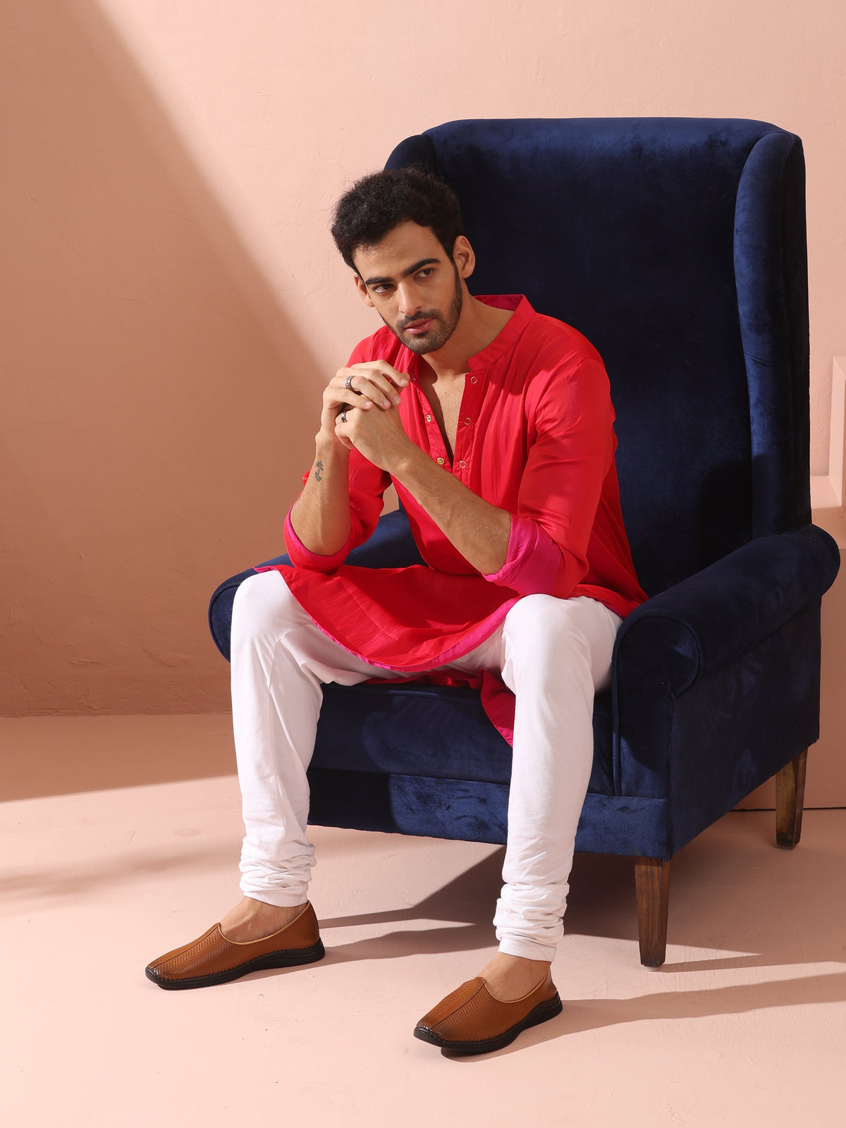 Indyancart ST Reversible Romance and Charm Red Pink Satin Kurta With Snaps