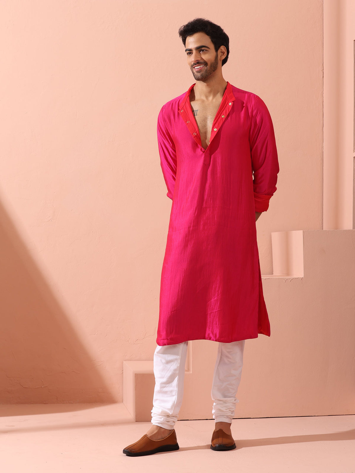 Indyancart ST Reversible Romance and Charm Red Pink Satin Kurta With Snaps