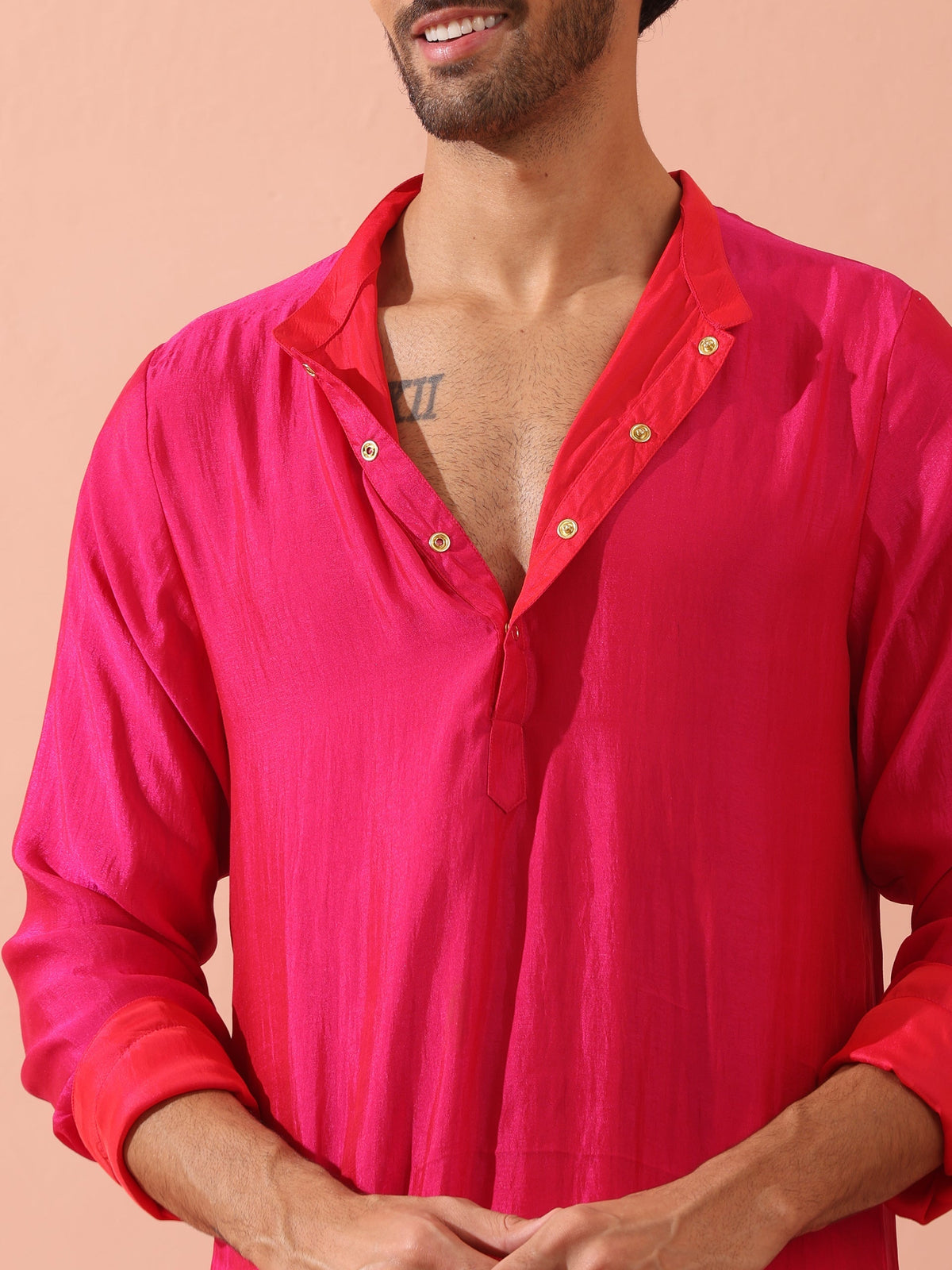 Indyancart ST Reversible Romance and Charm Red Pink Satin Kurta With Snaps