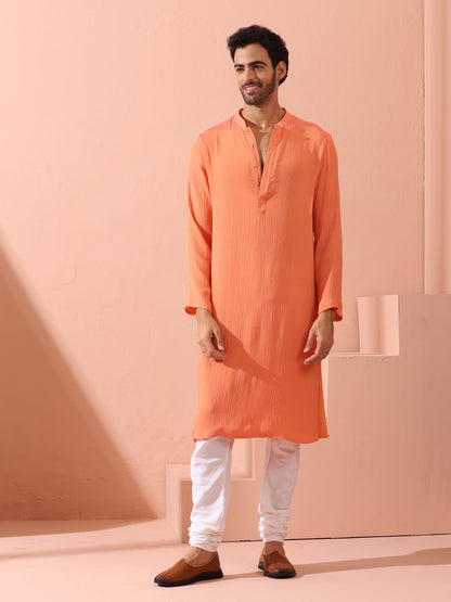 Indyancart ST Men’s Reversible Peach & Orange Chiffon Kurta with Snaps 1 Piece | A-Line, Round Neck, Full Sleeves, Festive Wear, (Chiffon)