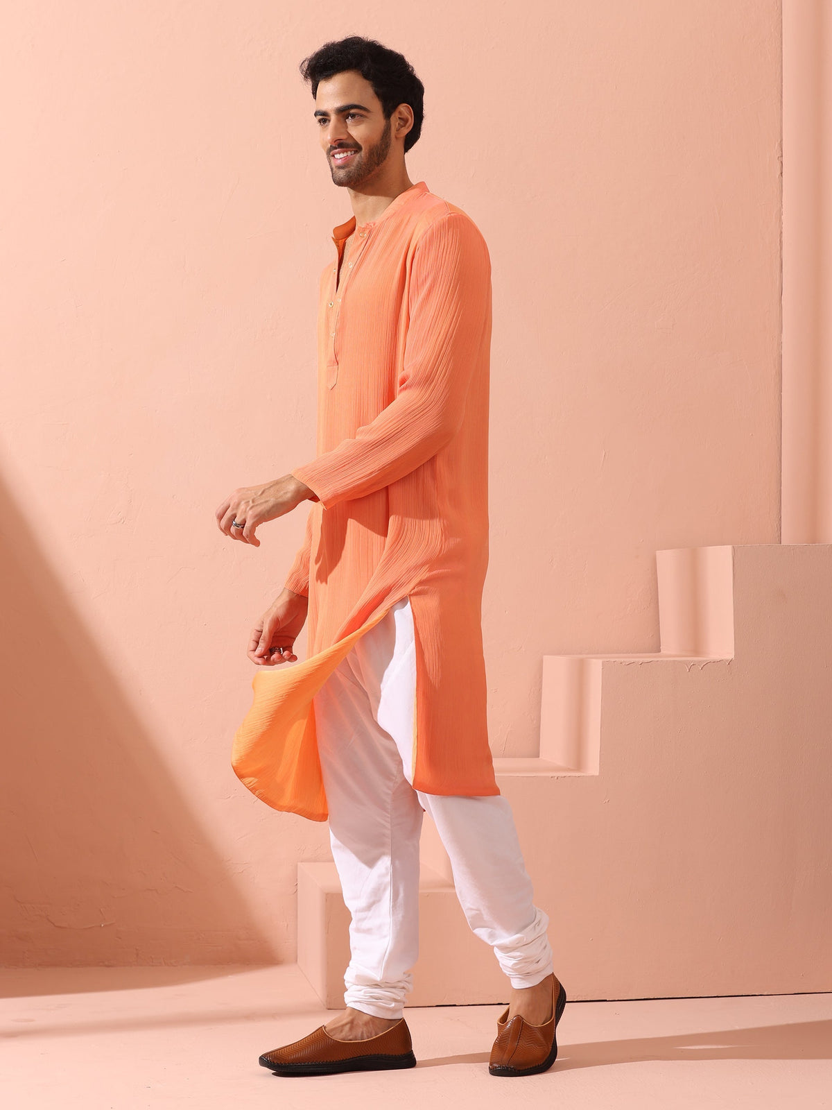 Indyancart ST Men’s Reversible Peach & Orange Chiffon Kurta with Snaps 1 Piece | A-Line, Round Neck, Full Sleeves, Festive Wear, (Chiffon)