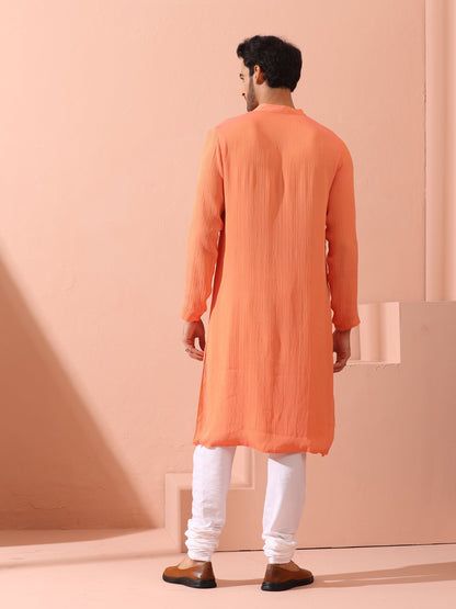 Indyancart ST Men’s Reversible Peach & Orange Chiffon Kurta with Snaps 1 Piece | A-Line, Round Neck, Full Sleeves, Festive Wear, (Chiffon)